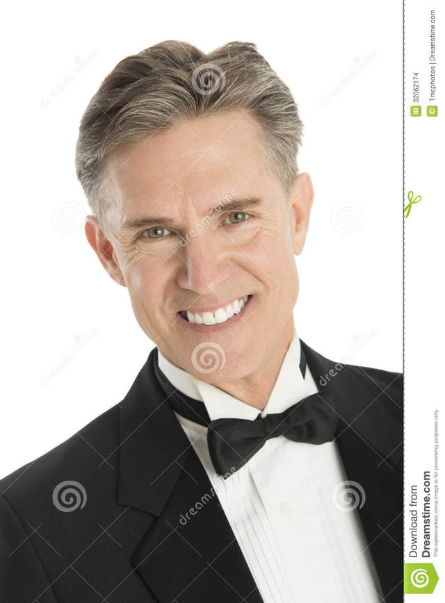 mature close up mature man close white background happy portrait tuxedo isolated stock