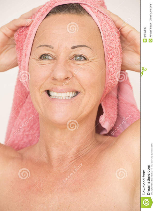 mature woman nudist mature free woman naked white head happy friendly portrait isolated stock attractive smiling joyful royalty towel relaxed