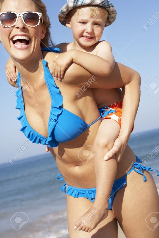 mom bikini pics mom mother photo beach bikini son stock running along stockbroker