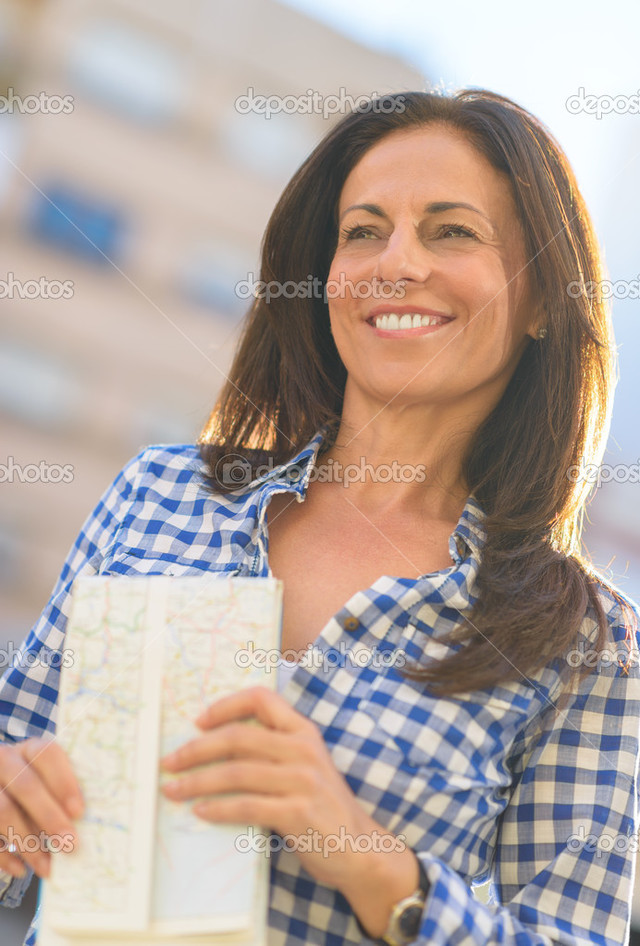 beautiful mature mature woman photo happy depositphotos stock holding map