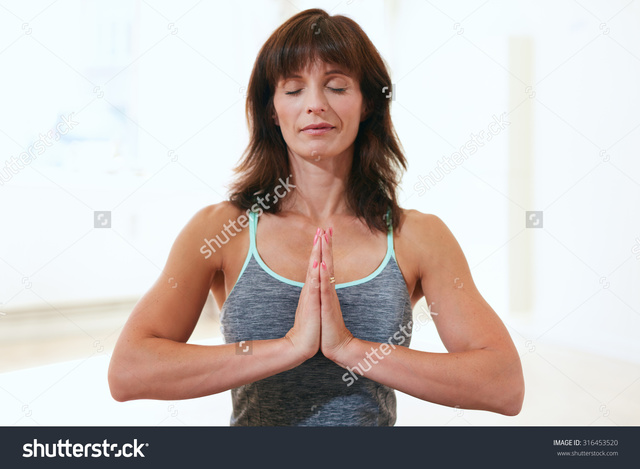 beautiful mature mature woman gym photo pic beautiful sitting yoga portrait anjali stock pose meditating mudra