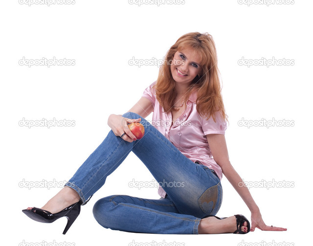 lady mature mature woman photo depositphotos stock jeans apple sit