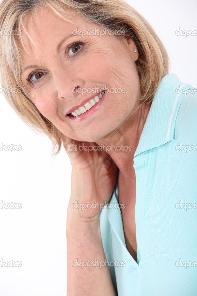 mature blonde mature woman blonde large photo having wearing smile shirt depositphotos stock polo turquoise