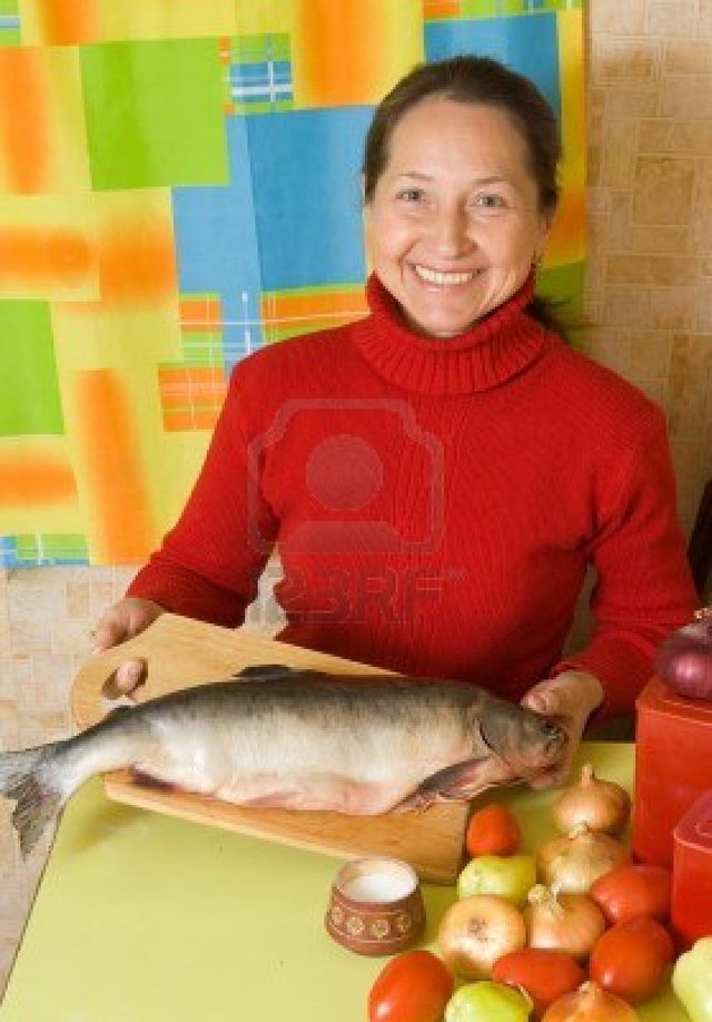 mature red mature woman photo kitchen red fish jackf