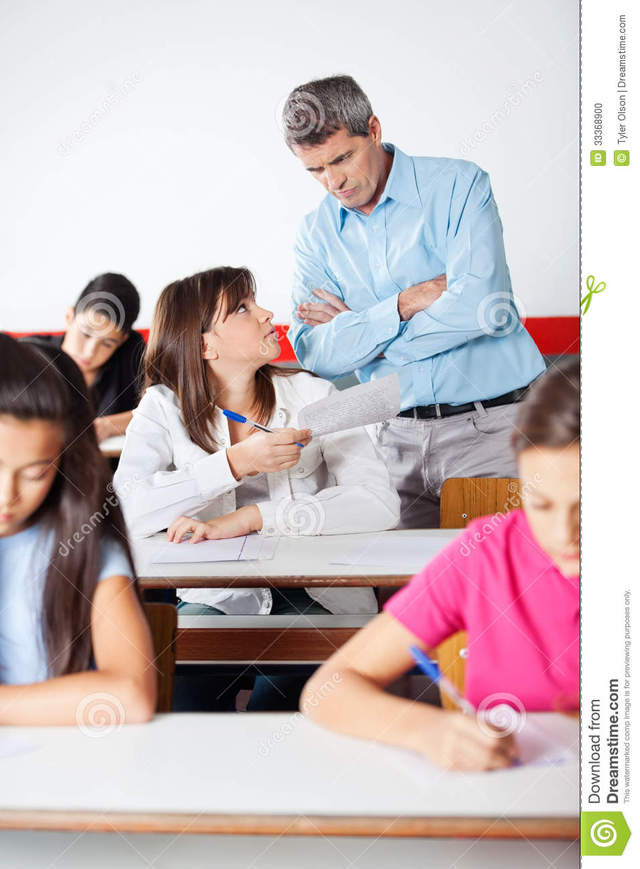 mature teacher mature photo teacher student looking arms standing stock examination angry classroom crossed