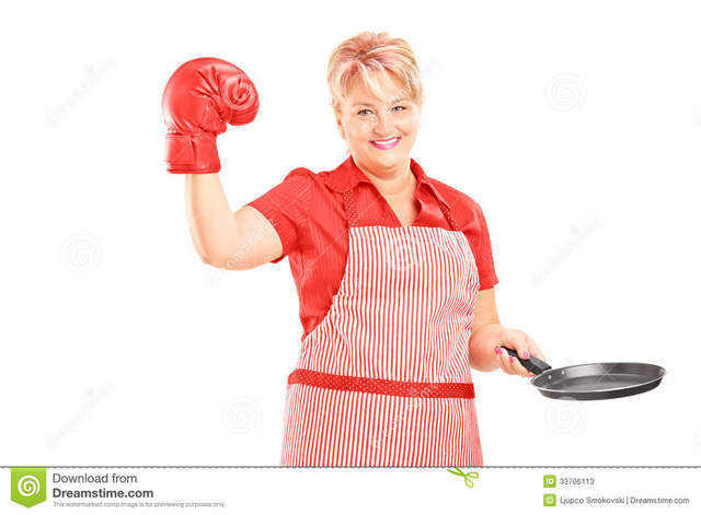 red mature mature photos white female red background isolated stock pan smiling holding glove apron boxing frying