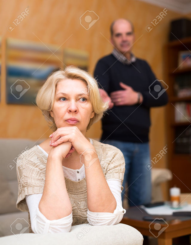 wife mature mature old couple wife photo having sitting from away are turned husband stock jackf quarrel pensioners