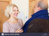 mature wife pic comp afwe mature wife pensioner husband talk doorstep stock photo