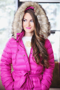 mom undressed pics pink coat sorel boots winter outfit inspiration southern curls pearls snow day