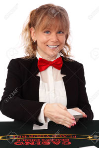 black mature robinsphoto blonde mature casino worker wearing black blazer red bow tie white background stock photo