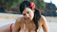 mature bikini denise milani looking front red bikini sitting pose