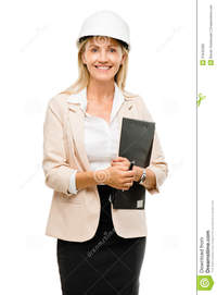 mature hard mature woman supervisor wearing hard hat isolated white backg happy royalty free stock