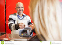 mature young mature man accepting credit card young woman men women payment purchases royalty free stock photos