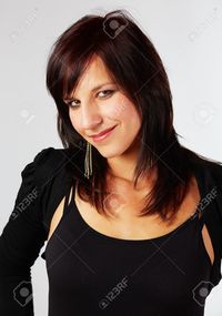red mature seannel beautiful mature adult caucasian woman red lips dark hair brown eyes wearing black stock photo