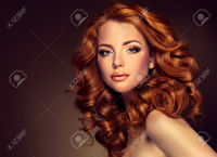 redhead mature edwardderule girl model long curly red hair trendy head woman stock photo
