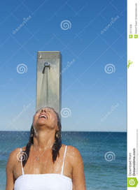 shower mature refreshing shower woman ocean royalty free stock photos