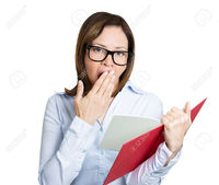 red mature atic closeup portrait mature nerd woman black glasses bored yawning tired from reading red book photo