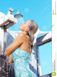 shower mature mature woman having shower outdoors royalty free stock